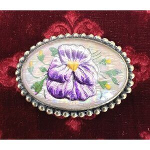 Antique Art Nouveau Reverse Painted Goofus Glass Purple Pansy Brooch Pin